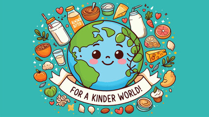 Obraz premium a smiling globe holding a leafy branch, surrounded by colorful icons of vegan products like oat milk, almond butter, and soy-based cheese