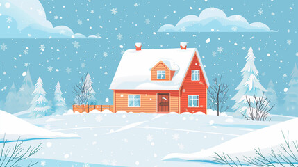 Fototapeta premium Snowy Winter Landscape with Cozy House
