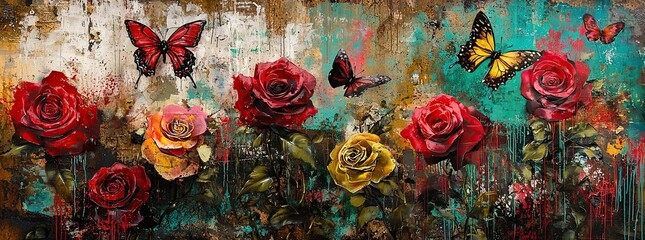 Fototapeta premium Vibrant abstract painting featuring roses and butterflies in a colorful background.