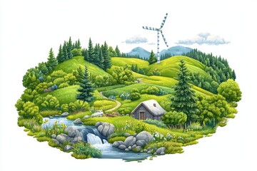 A serene landscape featuring rolling hills, a stream, a wooden cabin, and a wind turbine on a bright day.