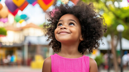 Fototapeta premium young girl with curly hair in bright pink dress smiles joyfully, looking up at colorful decorations above her. vibrant atmosphere enhances her cheerful expression