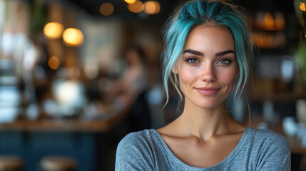 confident woman in her 30s with striking blue hair and captivating hazel eyes smiles warmly in cozy cafe setting, exuding relaxed and inviting atmosphere