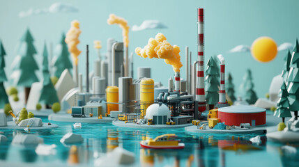 vibrant illustration depicting industrial landscape with factories, smokestacks, and serene water body. scene captures contrast between nature and industry, evoking sense of environmental awareness