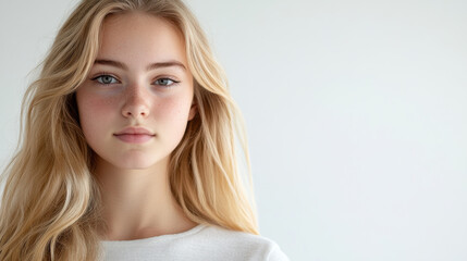 Fototapeta premium young woman with long blonde hair and natural makeup gazes thoughtfully at camera, showcasing her clear skin and expressive eyes against soft, neutral background