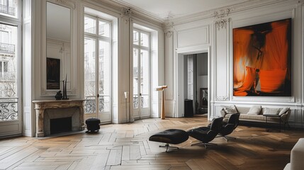 Large White Living Room with Parquet Floor in Parisian Apartment with Orange Painting Black Armchair and Natural Light