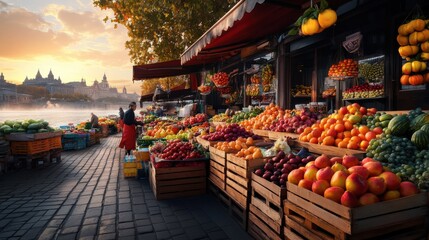 Obraz premium Vibrant Outdoor Fruit Market at Dawn
