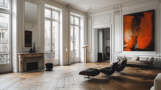 Large White Living Room with Parquet Floor in Parisian Apartment with Orange Painting Black Armchair and Natural Light