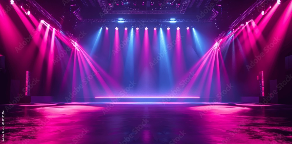 Wall mural colorful stage lights and spotlights illuminated with pink beams at a concert or dance show backgrou