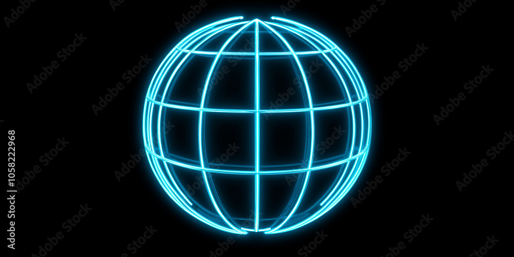 Poster glowing blue neon wireframe globe rotating on black background