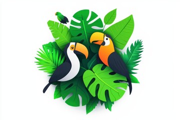 Colorful tropical birds surrounded by lush green leaves on a white isolated background.