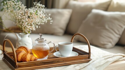 Breakfast tray with Chinese tea and croissant on couch in retro-style living room
