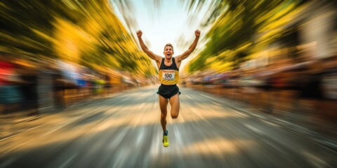 Blurred Motion of Marathon Runner Crossing Finish Line