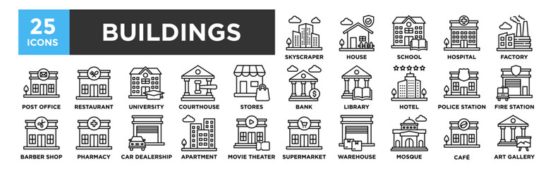 Buildings icon collection set. Containing design architecture, building, city, modern, construction, urban