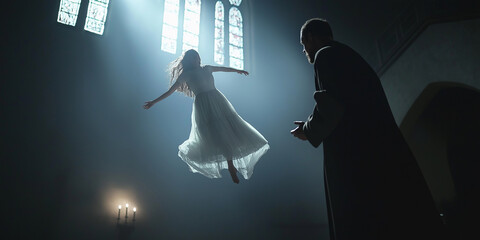 Priest performing exorcism on levitating girl in church