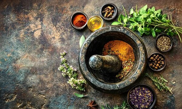 Spices and Herbs in a Mortar