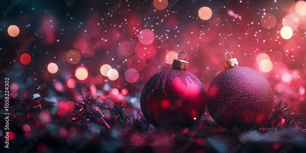 Poster two red christmas balls resting on tinsel with sparkling background lights