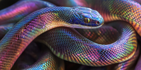 Fototapeta premium Iridescent rainbow snake showing its colorful scales