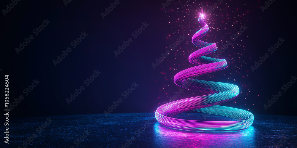 Poster glowing neon christmas tree shining on dark background with particles