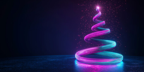 Glowing neon christmas tree shining on dark background with particles