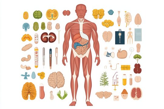 Illustration of human anatomy with internal organs and systems on a white isolated background.