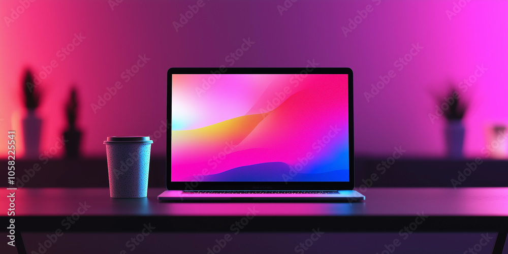 Poster modern laptop showing colorful screen displaying abstract design in cozy pink room with coffee next 