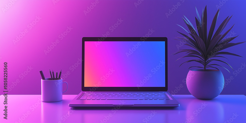 Aufkleber Modern laptop showing gradient screen displaying working from home setup with pencils and plant