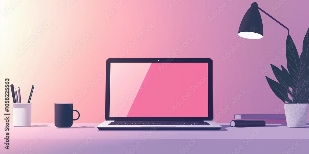 Poster modern pink home office desk setup with laptop showing solid color background