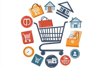 Shopping cart surrounded by various retail icons on a white background.