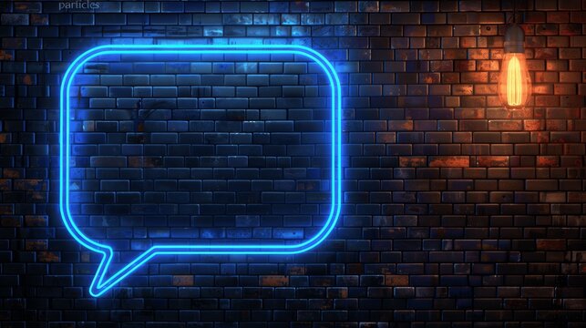 Neon Blue Speech Bubble on Dark Brick Wall with Glowing Light Effect and Copy Space