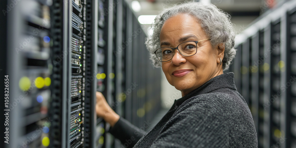 Poster senior female technician working on server rack in data center