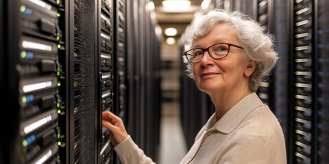 Senior female technician working on server rack in data center