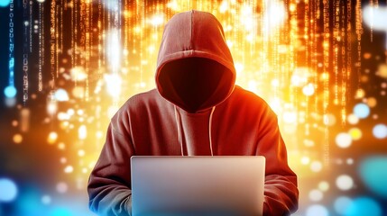 An image of a faceless figure in a hooded sweatshirt working on a laptop, with a futuristic glowing background symbolizing cyber activity