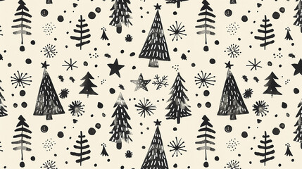 Black and white Christmas pattern with trees, stars, and ornaments, holiday-themed seamless background