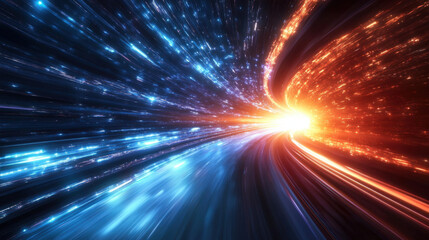 Obraz premium Vivid light trails create dynamic sense of speed and motion, resembling cars racing at incredible velocities through cosmic landscape. vibrant colors evoke excitement and energy