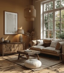 Scandinavian Apartment Living Room 3D Render with Wooden Furniture and Cozy Lighting