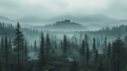 Fototapeta premium A misty forest with a mysterious castle in the distance.
