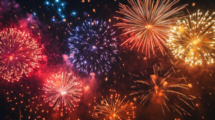 Colorful fireworks illuminate night sky, creating vibrant display of red, blue, and gold. This festive scene captures joy and excitement of celebrations
