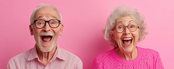 Happy senior couple smiling joyfully against pink background, showcasing their excitement and love for life. Their expressions radiate warmth and happiness