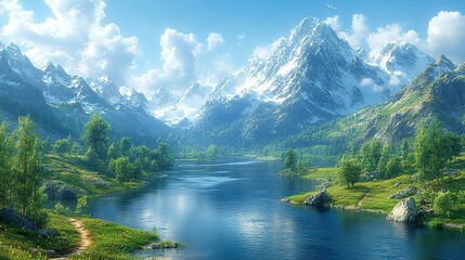 Serene Mountain Lake with Snow-Capped Peaks and Lush Greenery