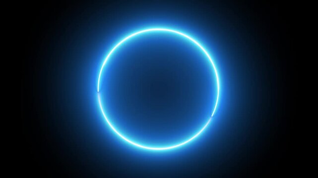 Circle neon shape blue color with black background, lighting effect, glowing blue neon