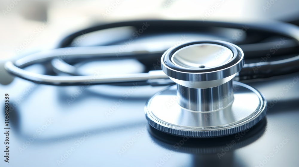 Wall mural a stethoscope lying on a table beside a laptop and keyboard