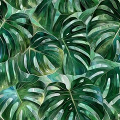 seamless pattern of deep green monstera leaves with hints of light shining through, creating a layered effect