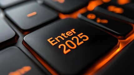 An orange keyboard button with "Enter 2025" on a black background symbolizes new beginnings and transformation, ideal for web design and social media posts.