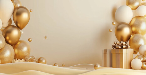 Elegant golden balloons and festive decorations create joyful atmosphere, perfect for celebrations and special occasions. gift box adds touch of surprise and excitement