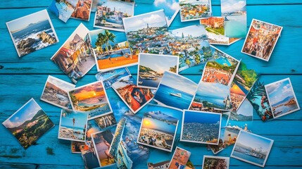 heap of travel photos on azure wood background. 