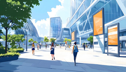 bustling tech campus with people walking, digital signboards, and modern glass structures under a bright sky