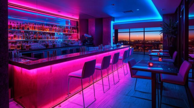 Neon-lit cocktail bar with sleek glass tables, colorful drinks glowing under vibrant pink and blue lights, capturing an upscale nightlife vibe
