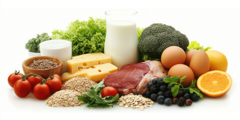 Healthy, appetizing variety of food including fruits, vegetables, dairy, and grains. This colorful assortment promotes balanced diet and vibrant lifestyle