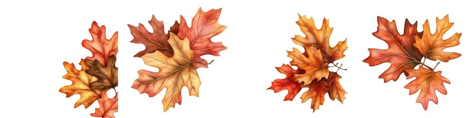 Naklejka premium Watercolor A collection of vibrant autumn leaves in shades of orange and yellow, showcasing the beauty of fall foliage against a white isolated background.