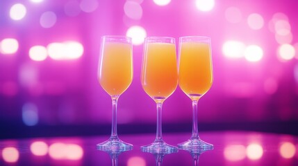 Neon-lit cocktails in trendy glasses, against a vibrant pink nightclub backdrop, energetic nightlife essence captured